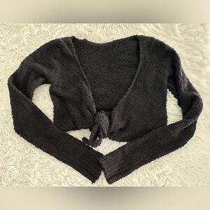 SKIMS Fuzzy Sherpa Black Tie‎ Sweater Cropped Cardigan Lounge Top sz S/M